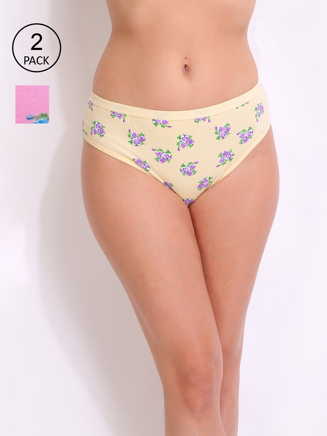 Innocence Women Pack Of 2 Printed Hipster Briefs, Yellow