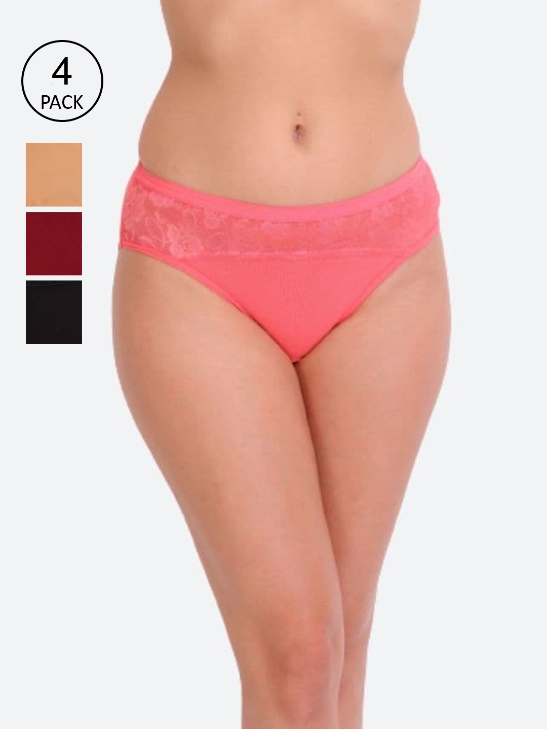 Innocence Pack of 4 Pink & Black Self Design Bikini