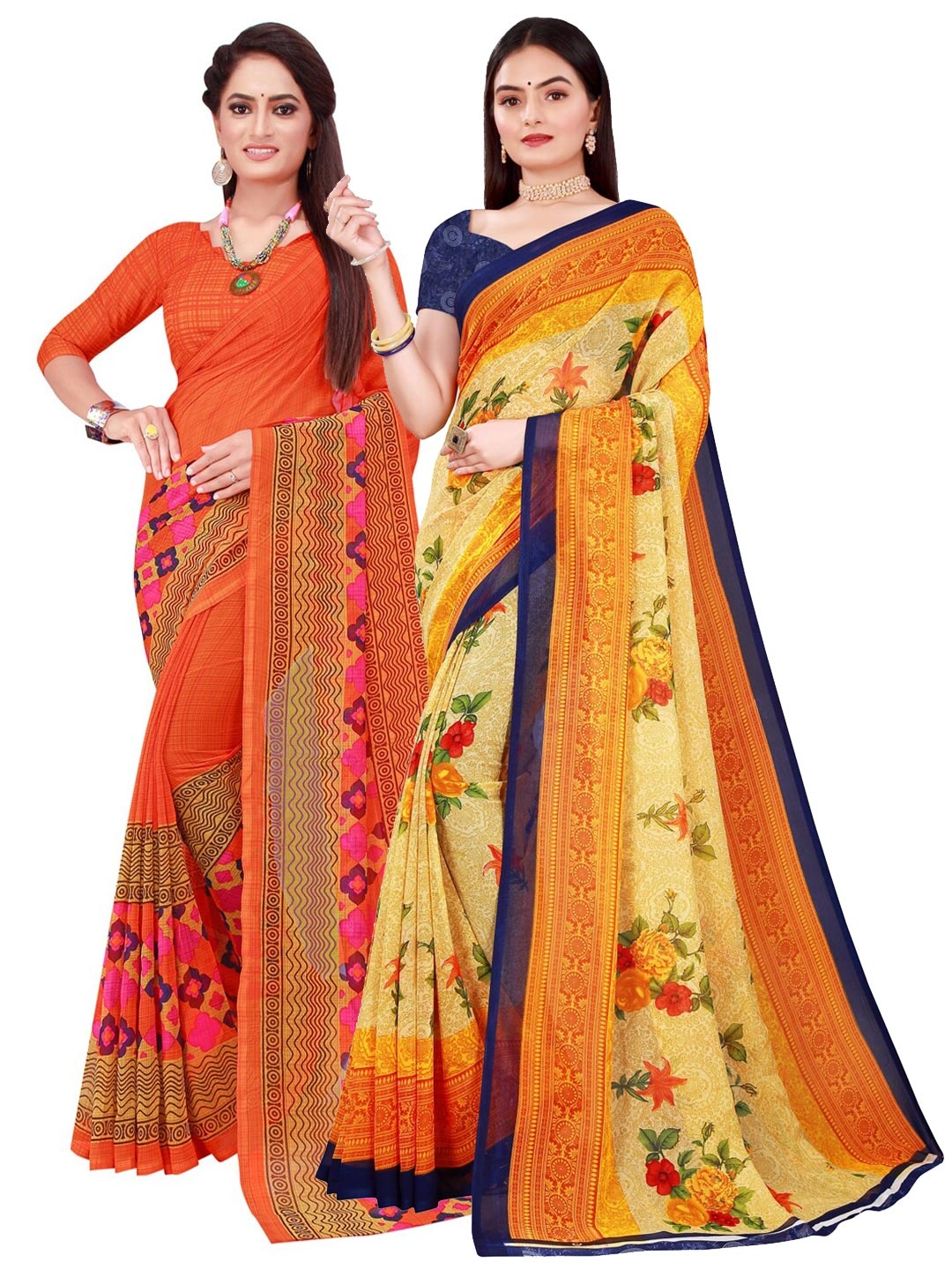 Florence Pack Of 2 Women Yellow & Orange Pure Georgette Saree With Unstitched Blouse
Florence Pack Of 2 Women Yellow & Orange Pure Georgette Saree With Unstitched Blouse