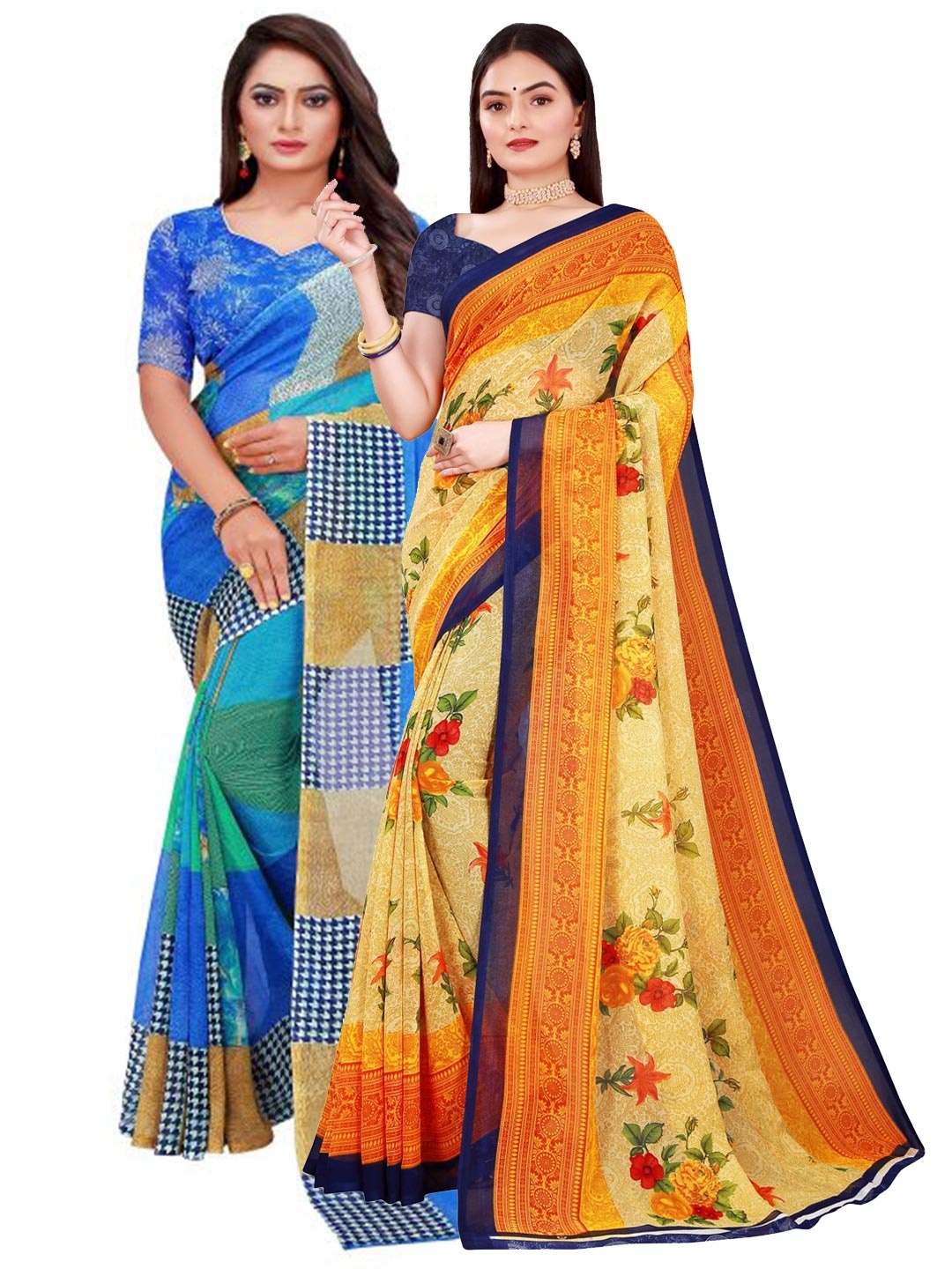 Florence Pack Of 2 Women Yellow & Blue Printed Pure Georgette Saree With Unstitched Blouse
Florence Pack Of 2 Women Yellow & Blue Printed Pure Georgette Saree With Unstitched Blouse