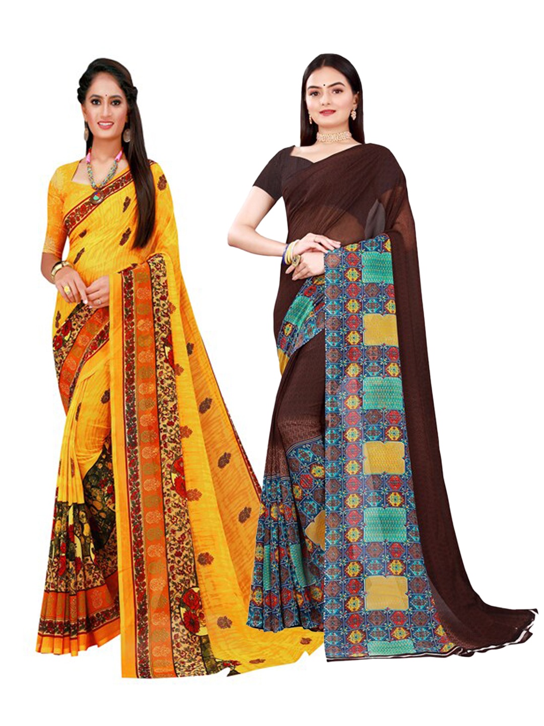 SAADHVI Pack Of 2 Brown & Yellow Printed Pure Georgette Saree With Unstitched Blouse
SAADHVI Pack Of 2 Brown & Yellow Printed Pure Georgette Saree With Unstitched Blouse