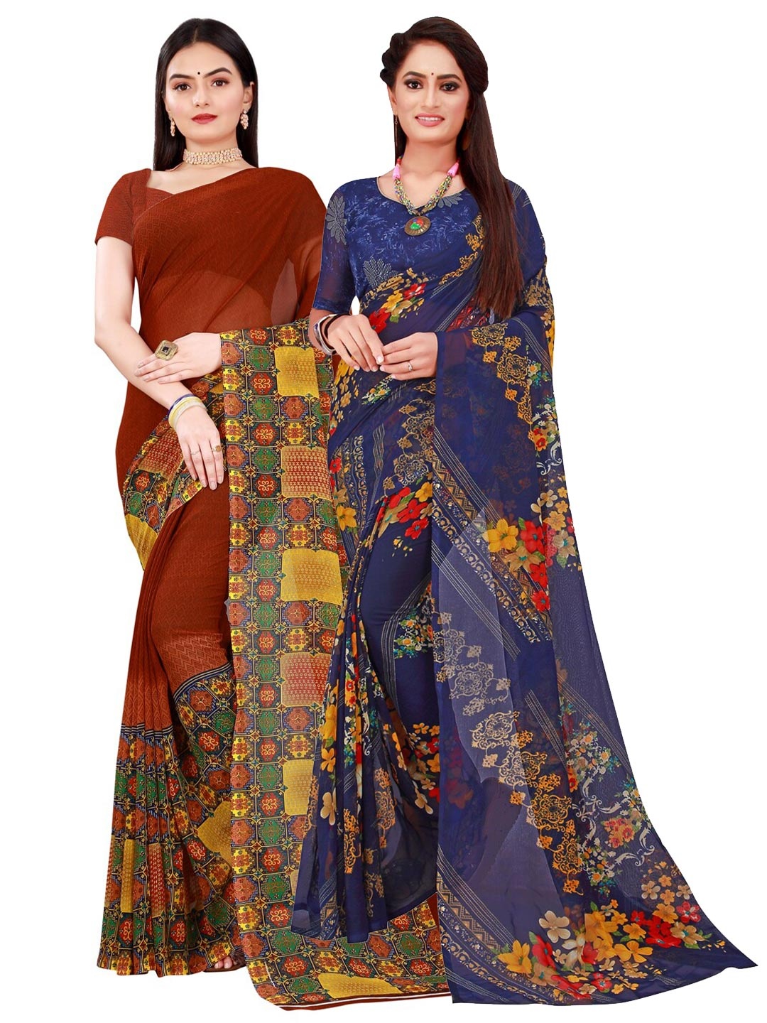 SAADHVI Pack Of 2 Brown & Navy Blue Printed Pure Georgette Saree With Unstitched Blouse
SAADHVI Pack Of 2 Brown & Navy Blue Printed Pure Georgette Saree With Unstitched Blouse