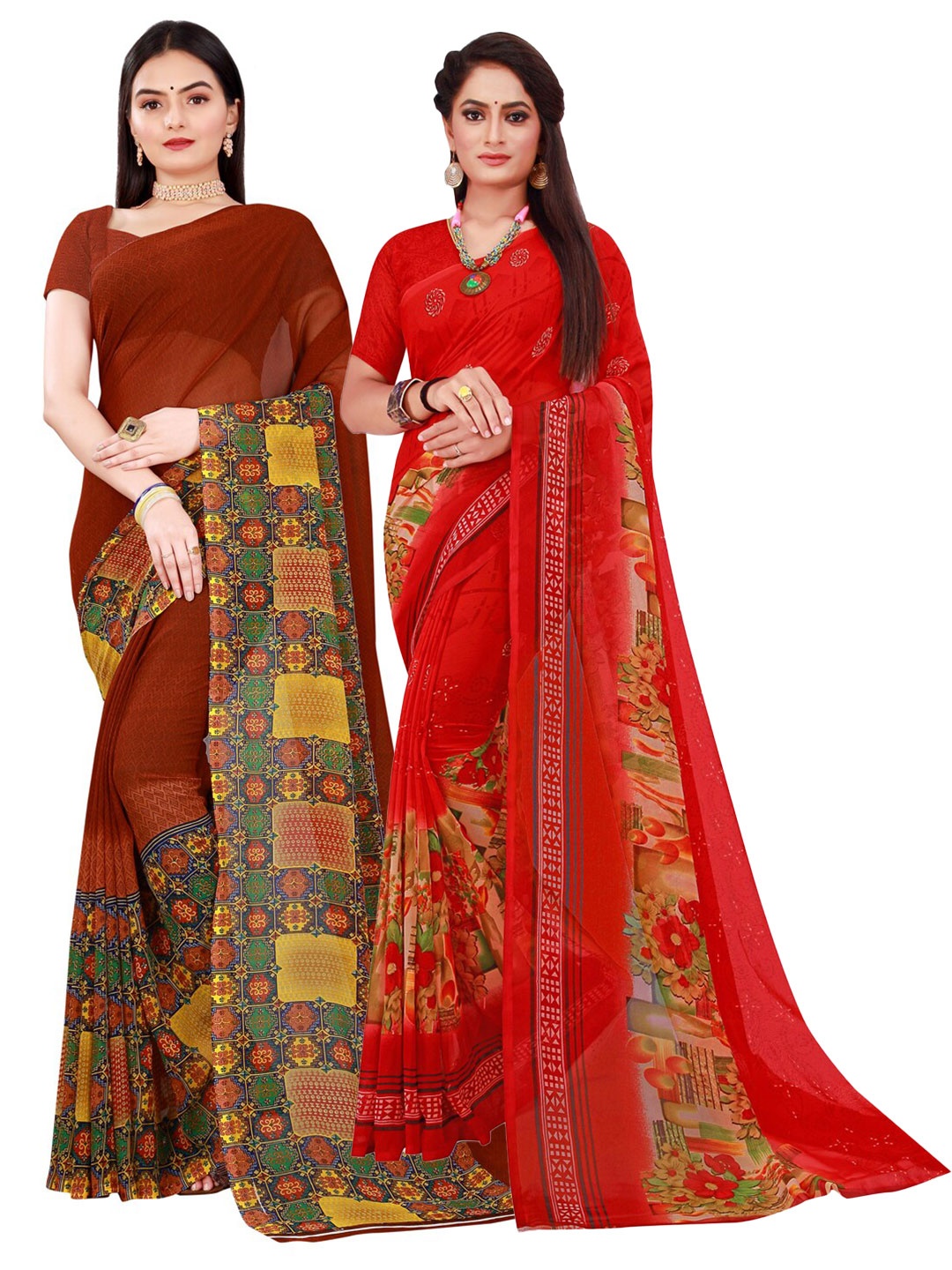 SAADHVI Pack Of 2 Brown & Red Printed Pure Georgette Saree With Unstitched Blouse
SAADHVI Pack Of 2 Brown & Red Printed Pure Georgette Saree With Unstitched Blouse