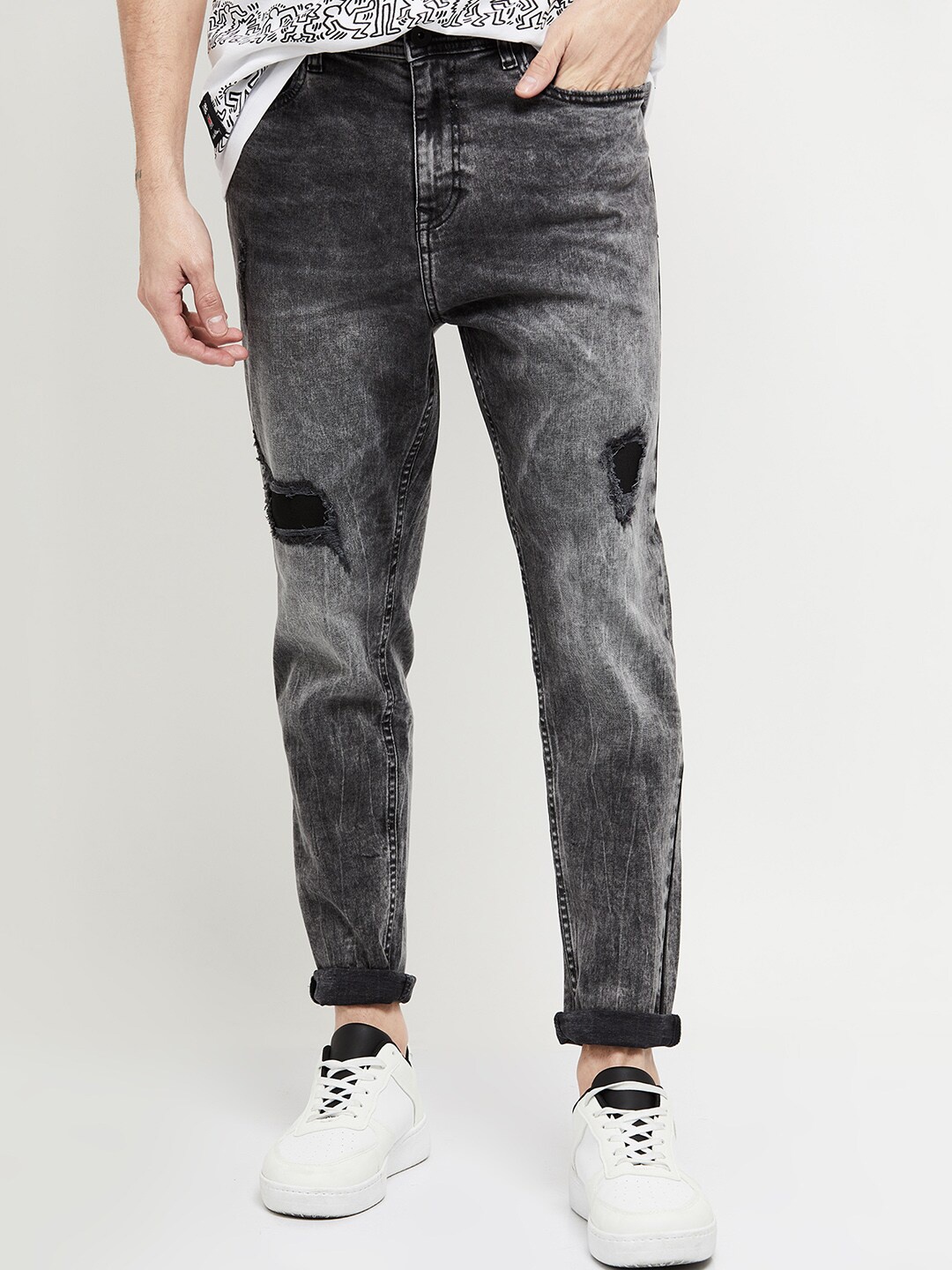 max Men Grey Highly Distressed Heavy Fade Jeans