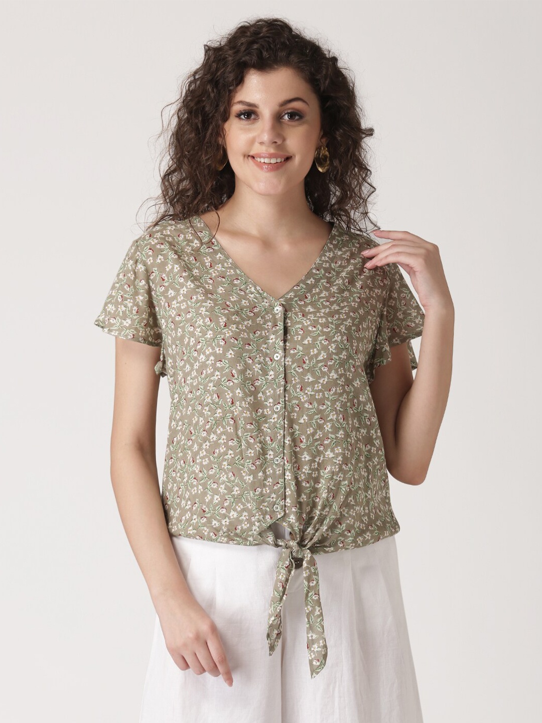 DressBerry Olive Green & White Floral Printed Top