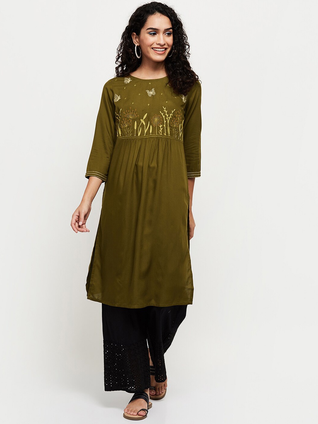 max Women Olive Green Floral Thread Work Kurta