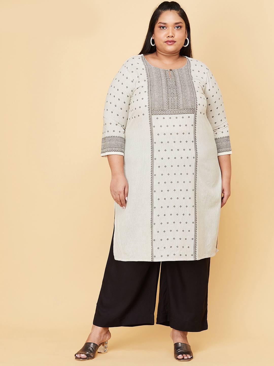 max Women Plus Size Off White Geometric Yoke Design Kurta