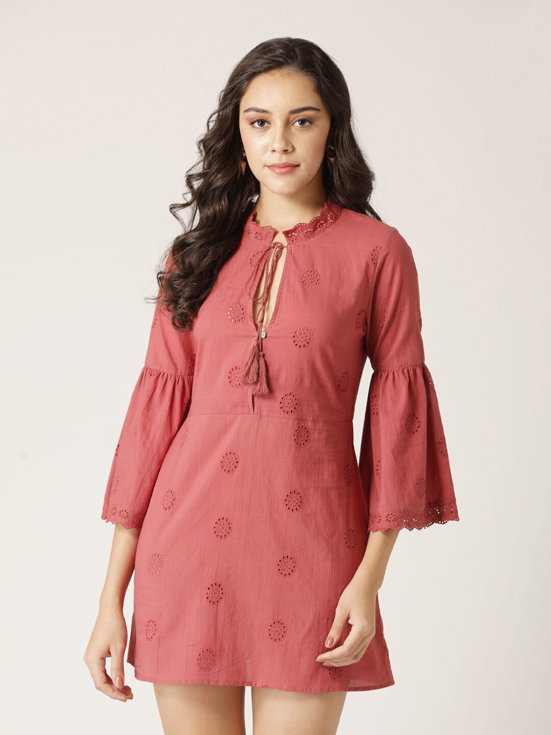 DressBerry Rust Floral Tie-Up Neck A-Line Mini Dress