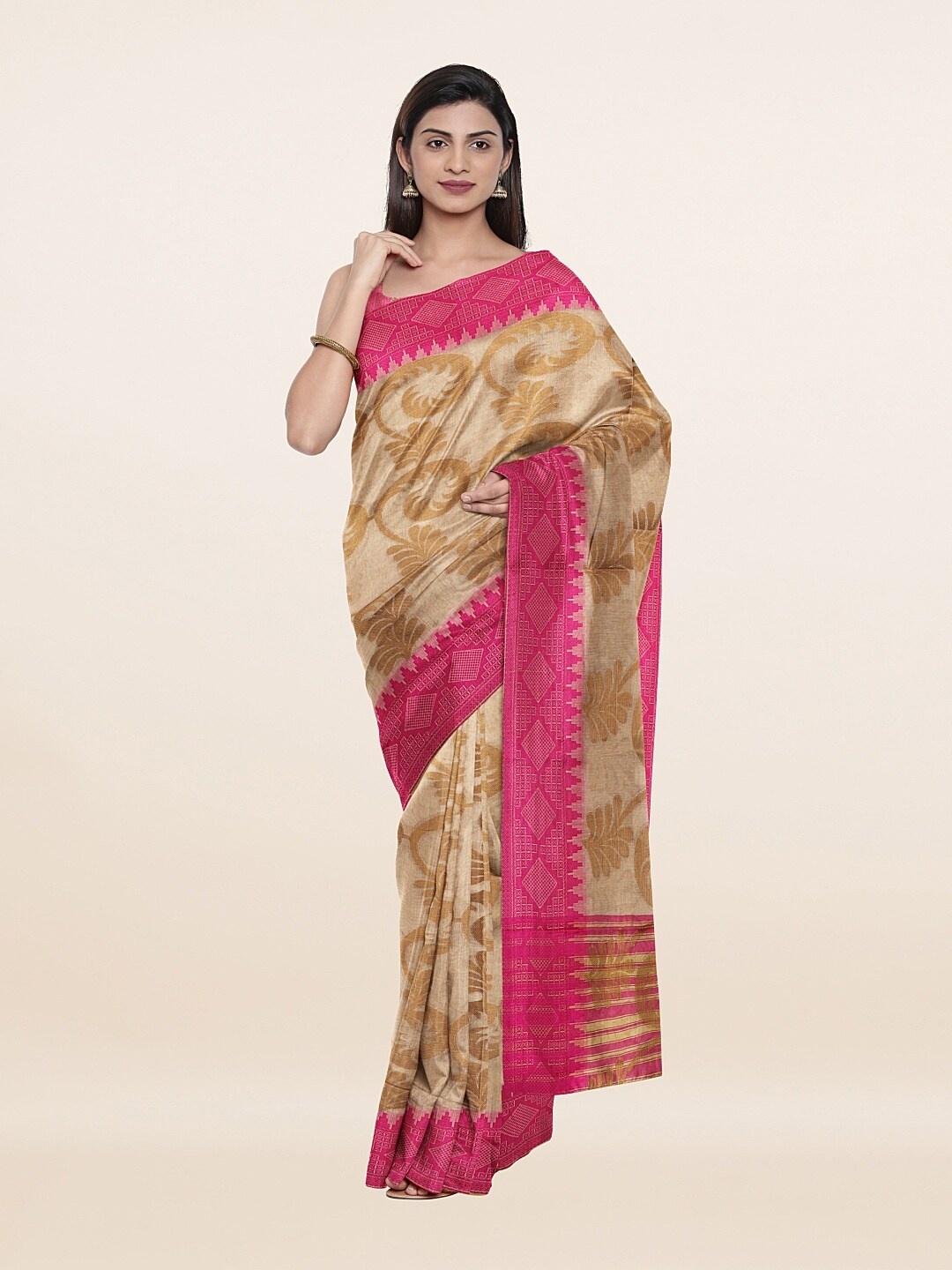 Pothys Cream & Pink Cotton Blend Saree