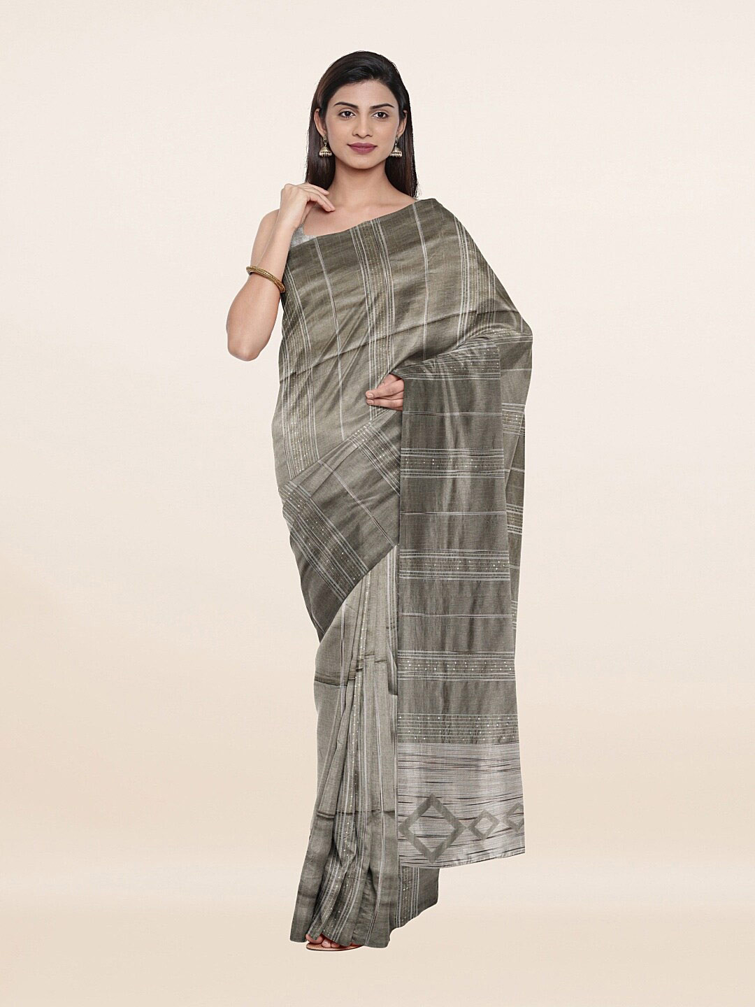 Pothys Women Grey Striped Sequinned Cotton Blend Saree
Pothys Women Grey Striped Sequinned Cotton Blend Saree