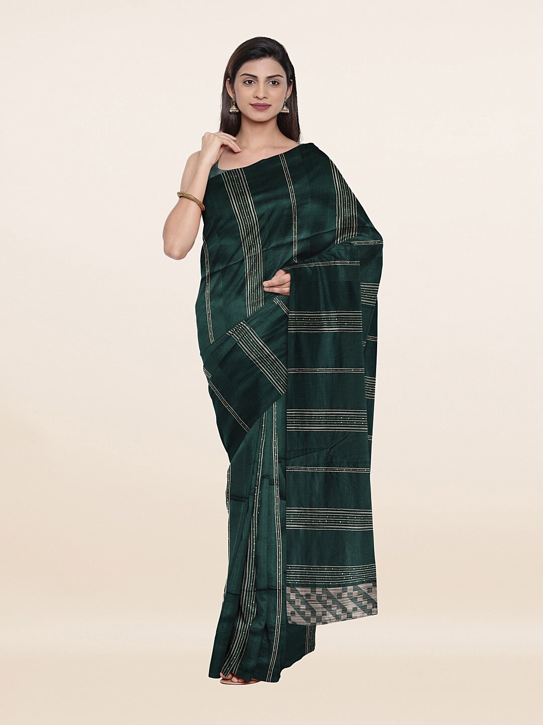 Pothys Green & White Striped Sequinned Cotton Blend Saree With Unstitched Blouse Piece
Pothys Green & White Striped Sequinned Cotton Blend Saree With Unstitched Blouse Piece