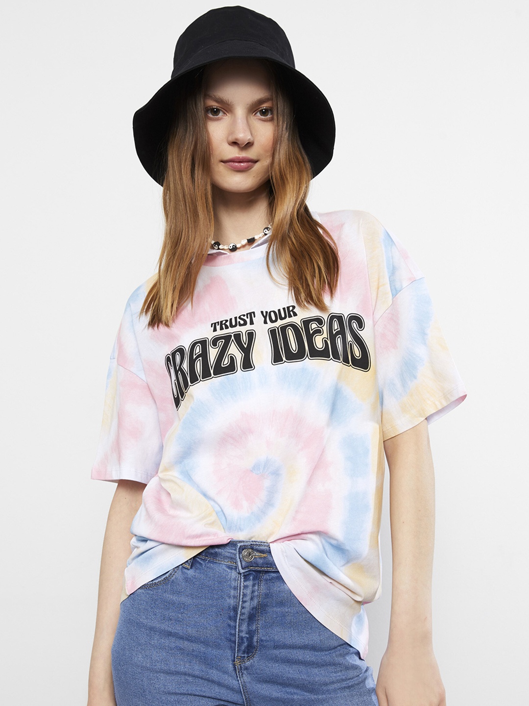 LC Waikiki Women White & Pink Typography Printed Tie & Dye Pure Cotton Loose T-shirt
LC Waikiki Women White & Pink Typography Printed Tie & Dye Pure Cotton Loose T-shirt