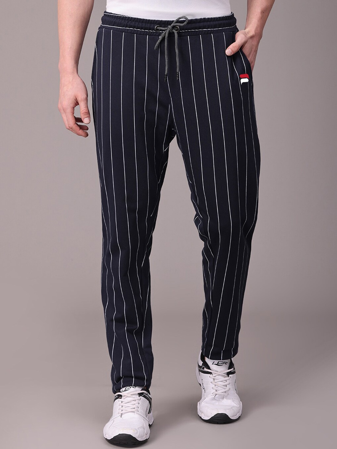 POLONIUM Men Navy Blue & White Striped Track Pants
