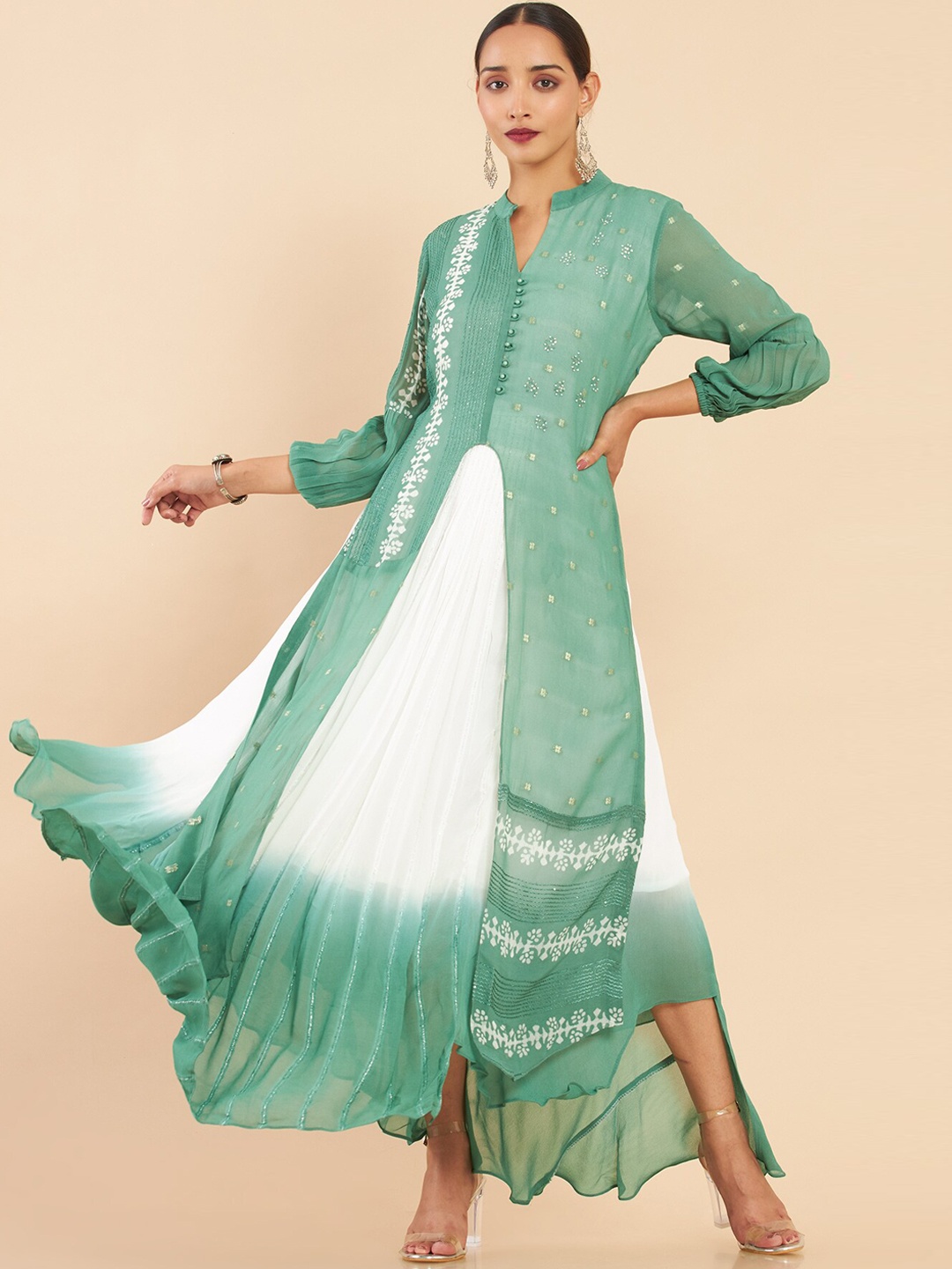 Soch Women Green Dyed Thread Work Georgette Kurta