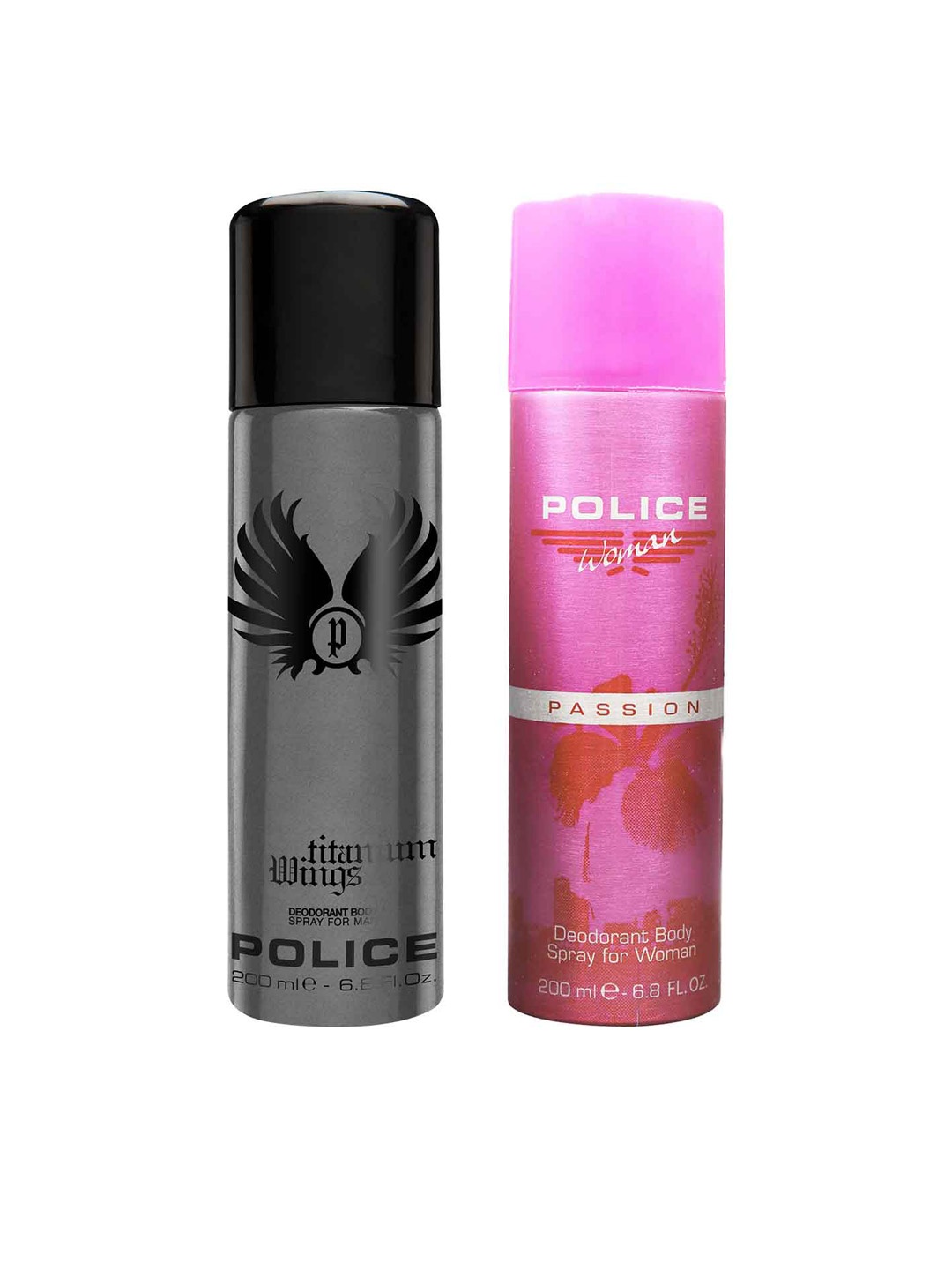 Police Pack of Men Titanium Wings & Women Passion Deodorant Body Spray - 200 ml Each, Grey
Police Pack of Men Titanium Wings & Women Passion Deodorant Body Spray - 200 ml Each, Grey
