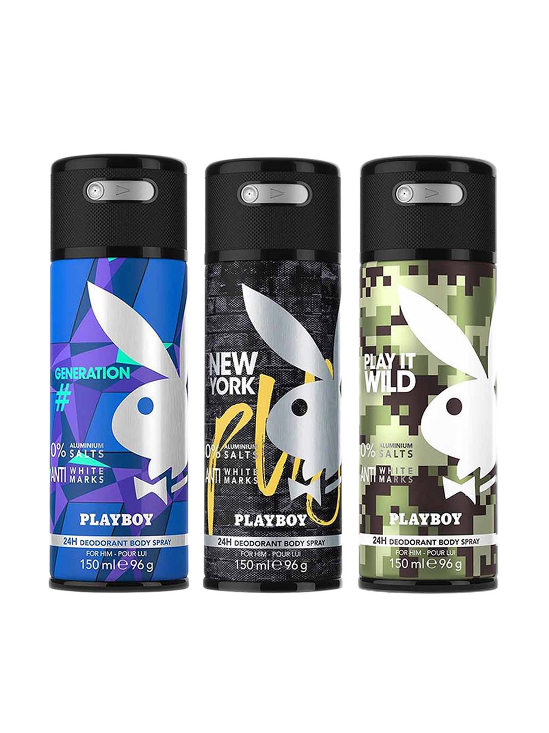 Playboy Men Set of 3 Deodorant - Generation + New York + Play It Wild - 150 ml Each, Blue
Playboy Men Set of 3 Deodorant - Generation + New York + Play It Wild - 150 ml Each, Blue