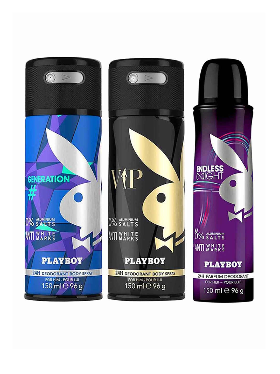 Playboy Set Of 3 Men Generation + VIP M + Women Endless Night Deodorant - 150 ml each, Blue
Playboy Set Of 3 Men Generation + VIP M + Women Endless Night Deodorant - 150 ml each, Blue
