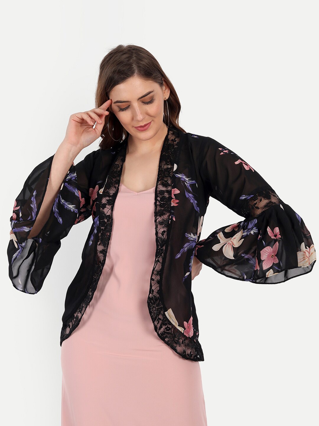 KIROSHE BY KIRAN Women Black & Pink Printed Shrug
