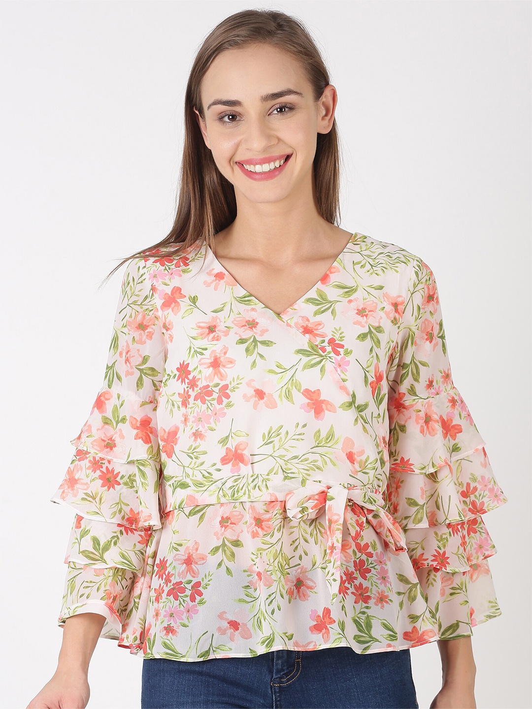 kriatma Multicoloured Floral Print Georgette Wrap Top, Multi