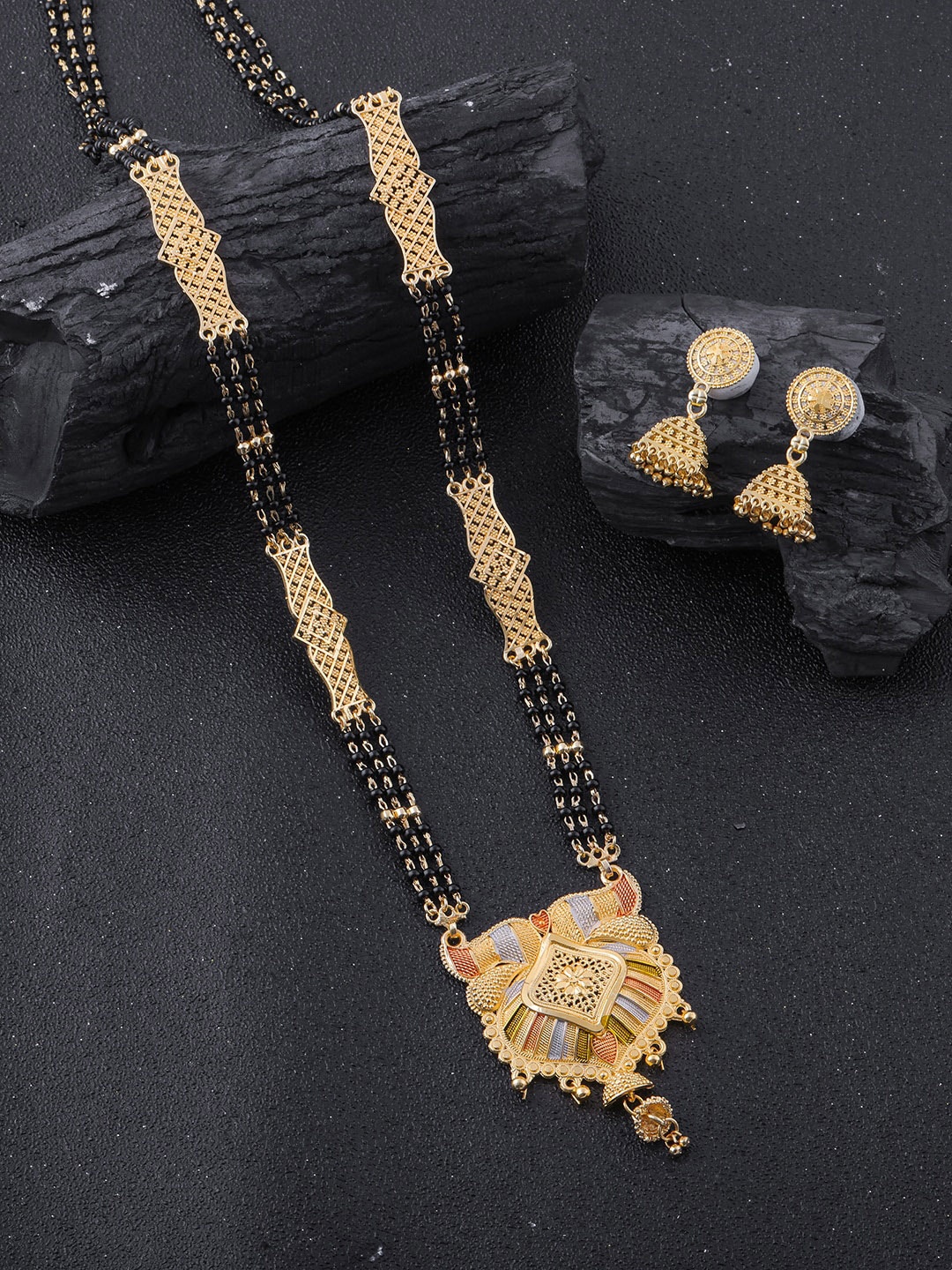 Brandsoon Gold-Plated Black Beaded Mangalsutra WIth Earrings