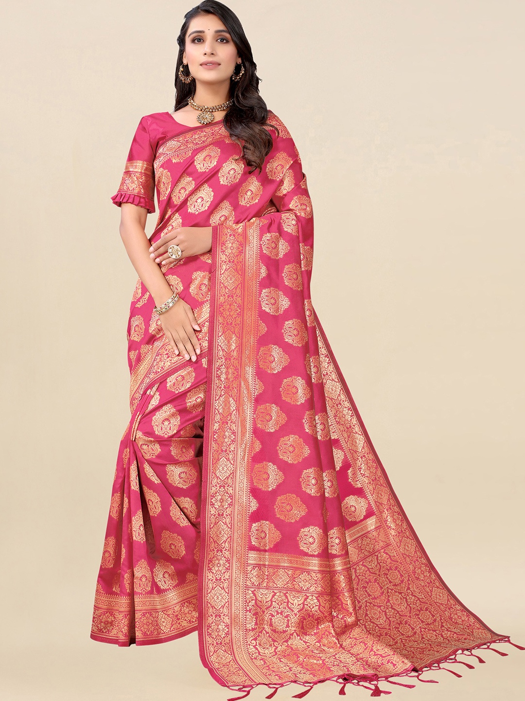 Satrani Pink & Gold-Toned Woven Design Saree