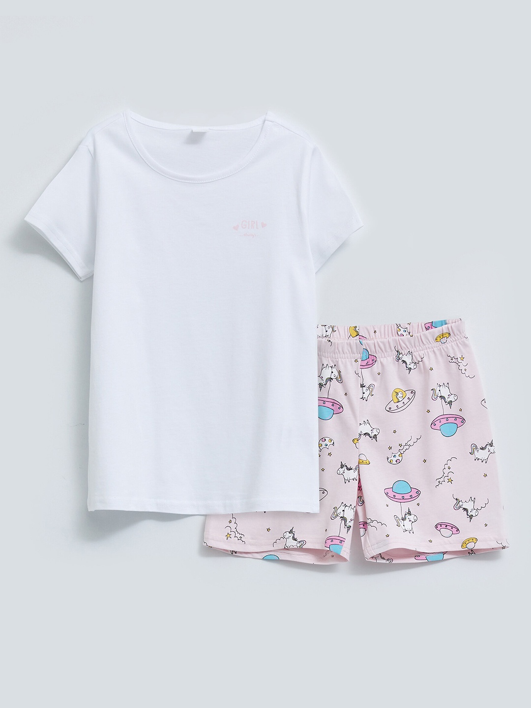 LC Waikiki Girls White & Pink Solid Pure Cotton Shorts Set