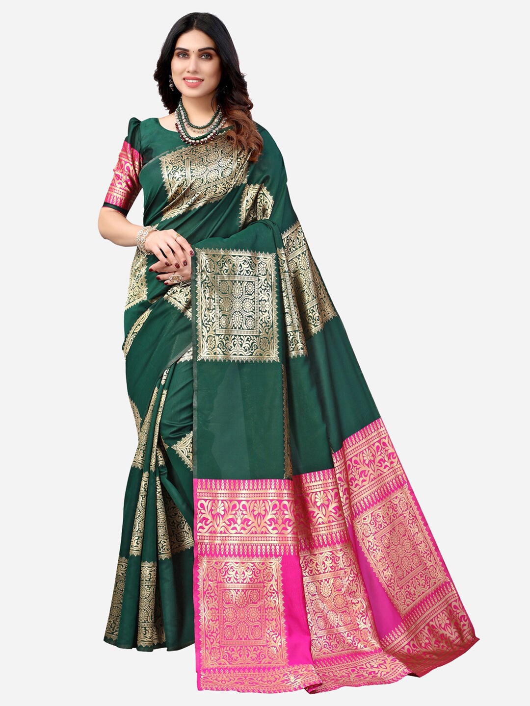 KALINI Green & Pink Woven Design Zari Banarasi Saree