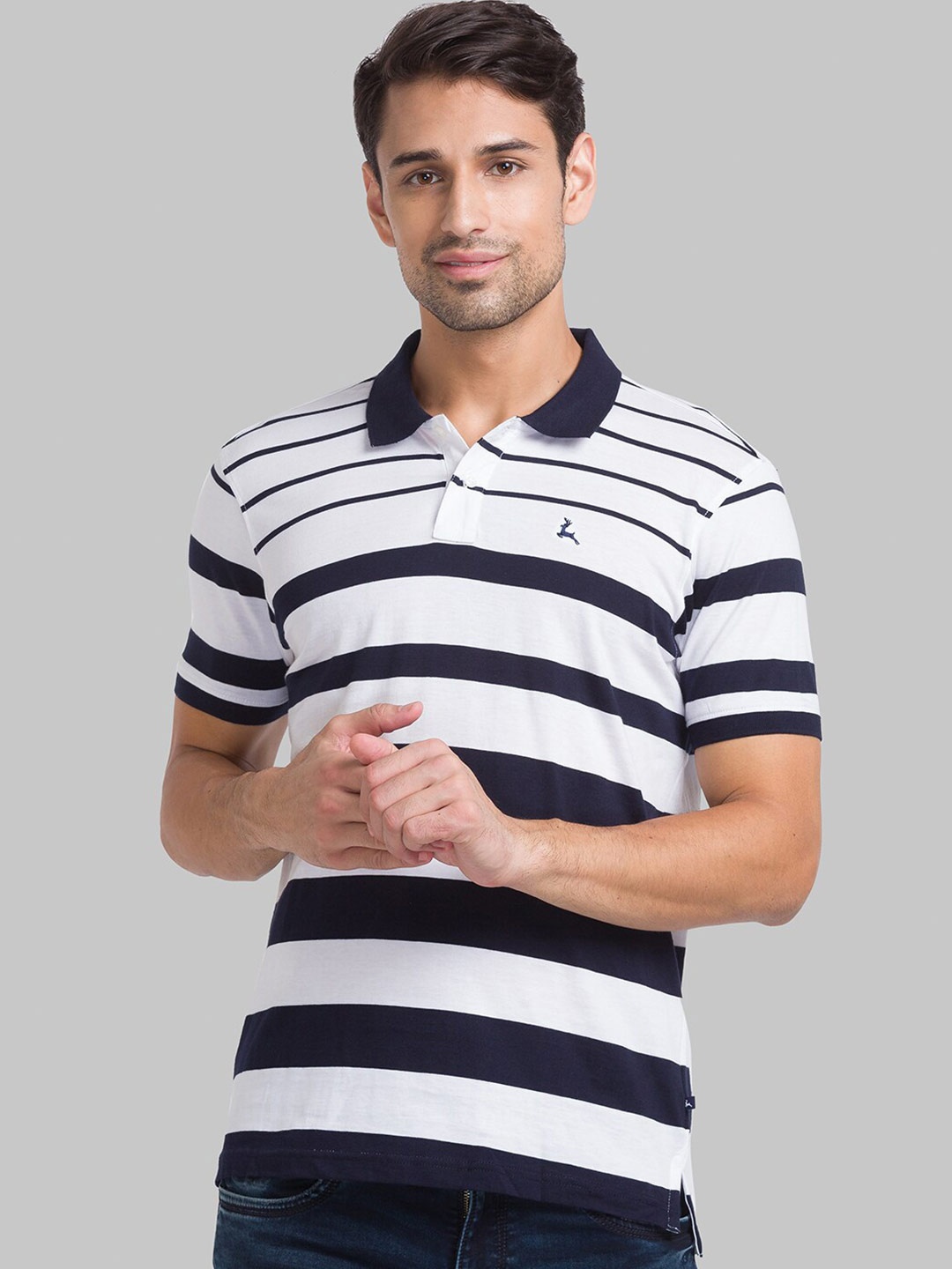 Parx Men Blue Striped Polo Collar T-shirt