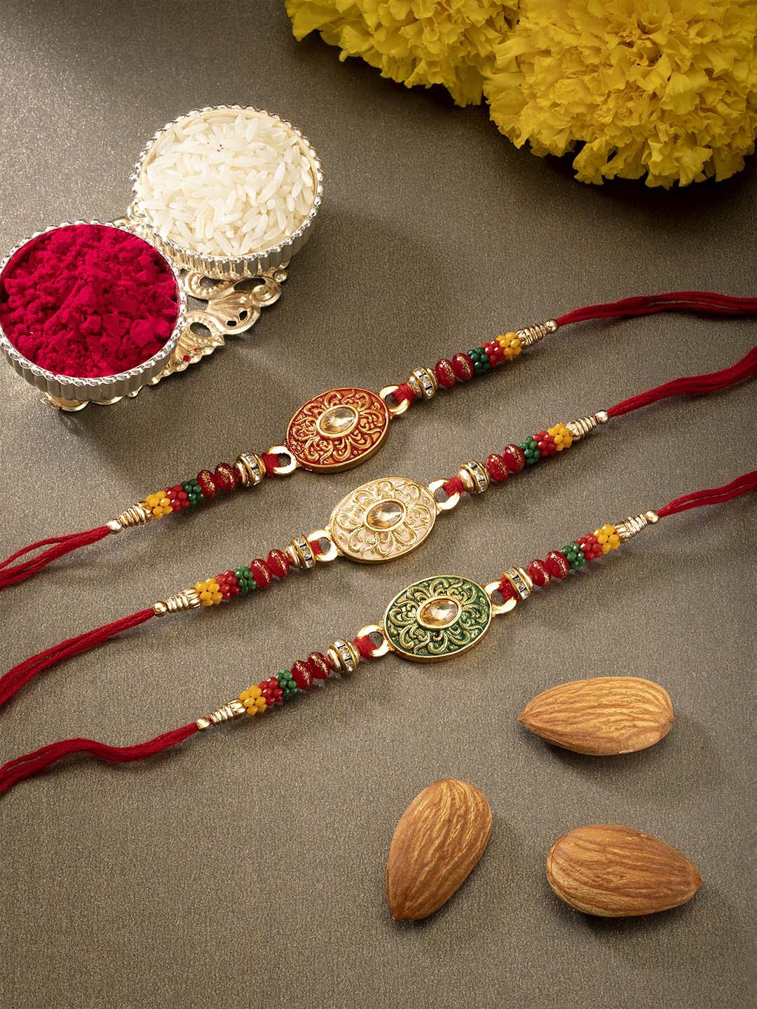 Peora Men Set Of 3 Red & Green Kundan-Studded Rakhi With Chawal Roli Greeting Card, Multi
Peora Men Set Of 3 Red & Green Kundan-Studded Rakhi With Chawal Roli Greeting Card, Multi