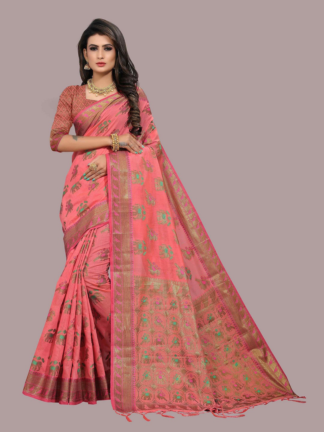 Mizzific Pink & Green Floral Zari Pure Cotton Chanderi Saree
