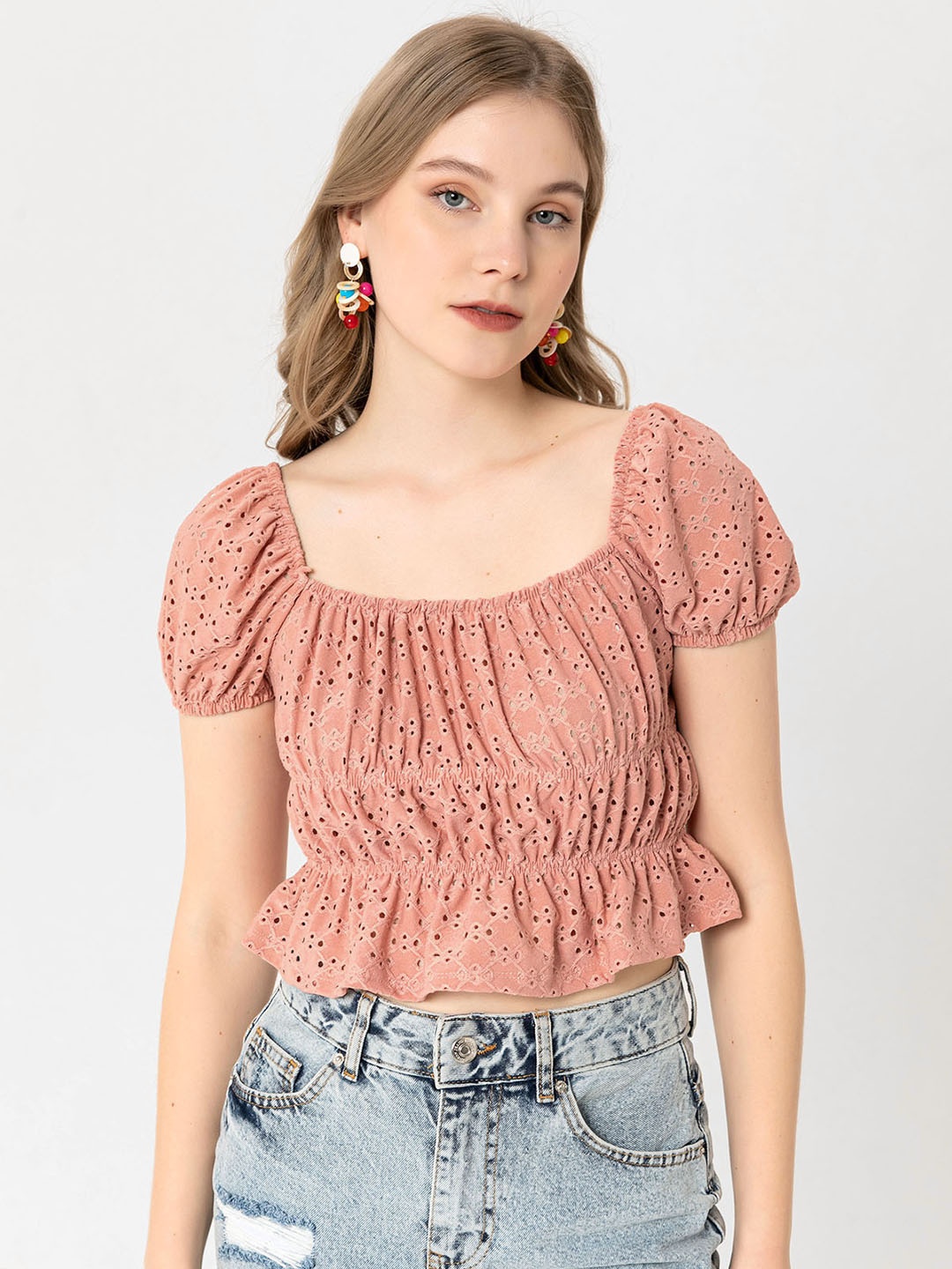 busem Dusty Pink Schiffli Embroidered Crop Top, Rose