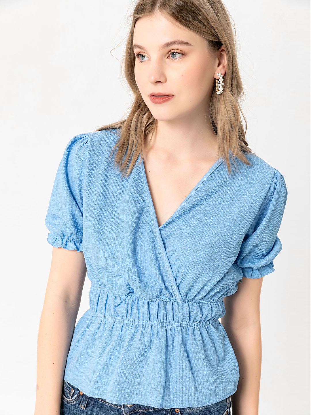 busem Blue Solid Wrap Top