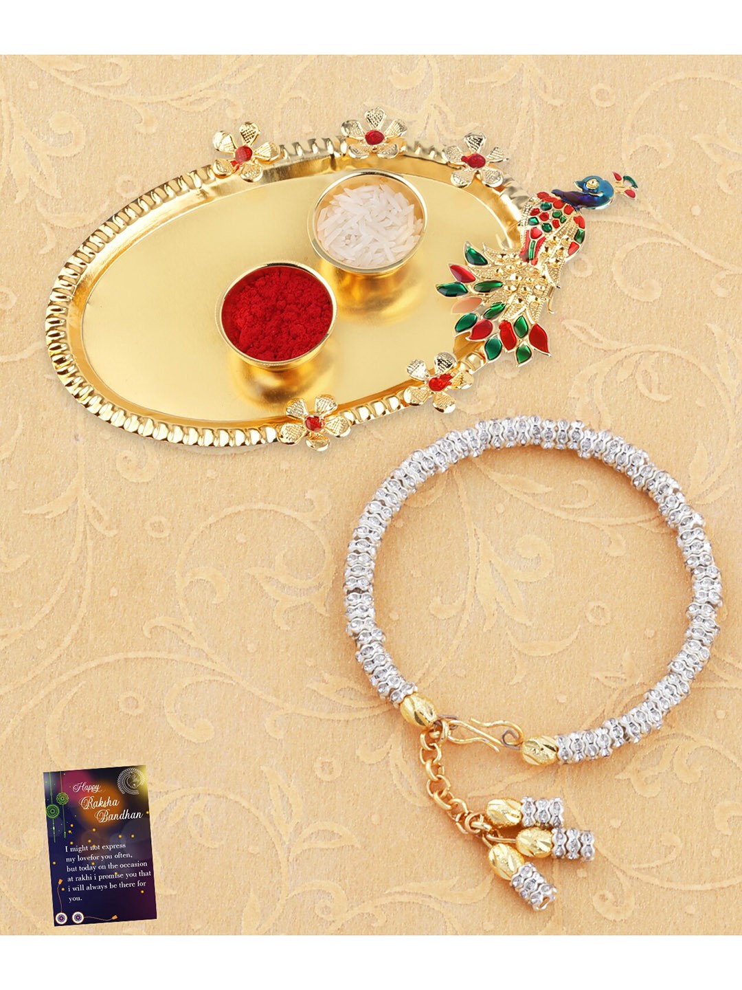 Silver Shine Unisex Stone-Studded Rakhi With Pooja Thali Roli Chawal & Greeting Card, Gold
Silver Shine Unisex Stone-Studded Rakhi With Pooja Thali Roli Chawal & Greeting Card, Gold