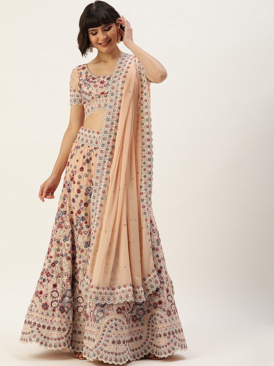panchhi Peach-Coloured & Blue Embroidered Thread Work Semi-Stitched Lehenga & Unstitched Blouse With Dupatta
panchhi Peach-Coloured & Blue Embroidered Thread Work Semi-Stitched Lehenga & Unstitched Blouse With Dupatta