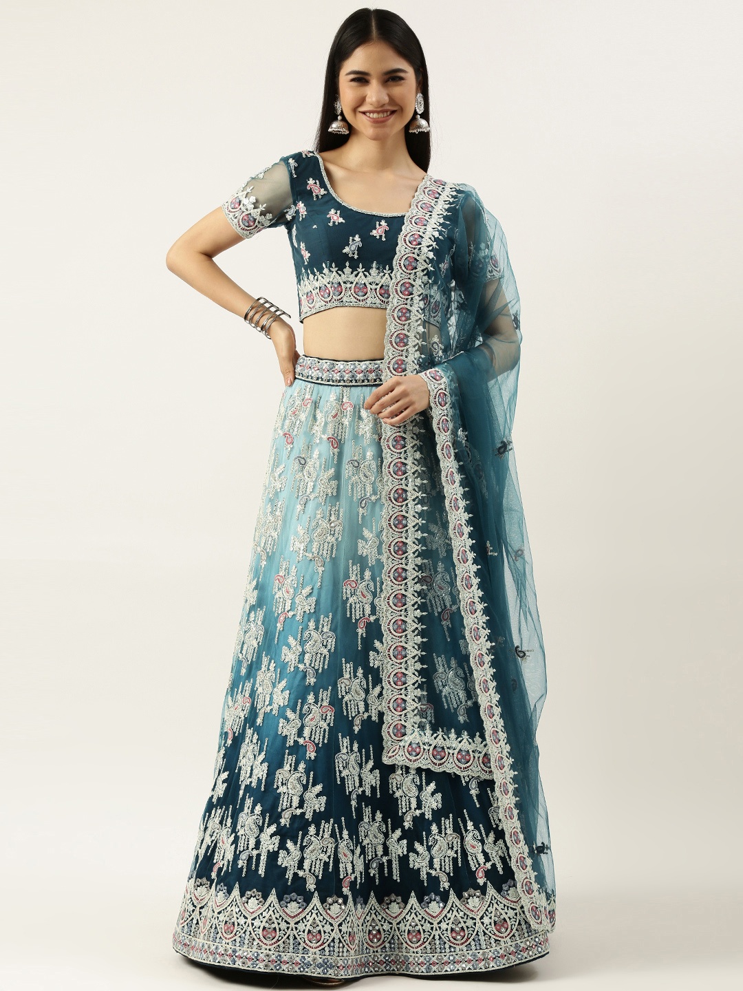 panchhi Teal Blue Embroidered Beads and Stones Semi-Stitched Lehenga Set