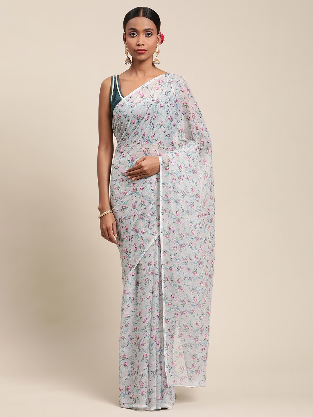Ahalyaa Grey & Green Floral Saree
