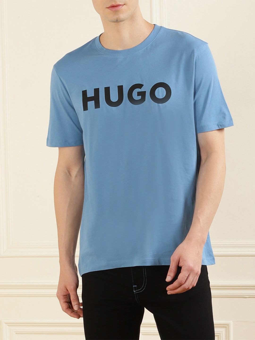 HUGO Men Blue Typography Applique T-shirt