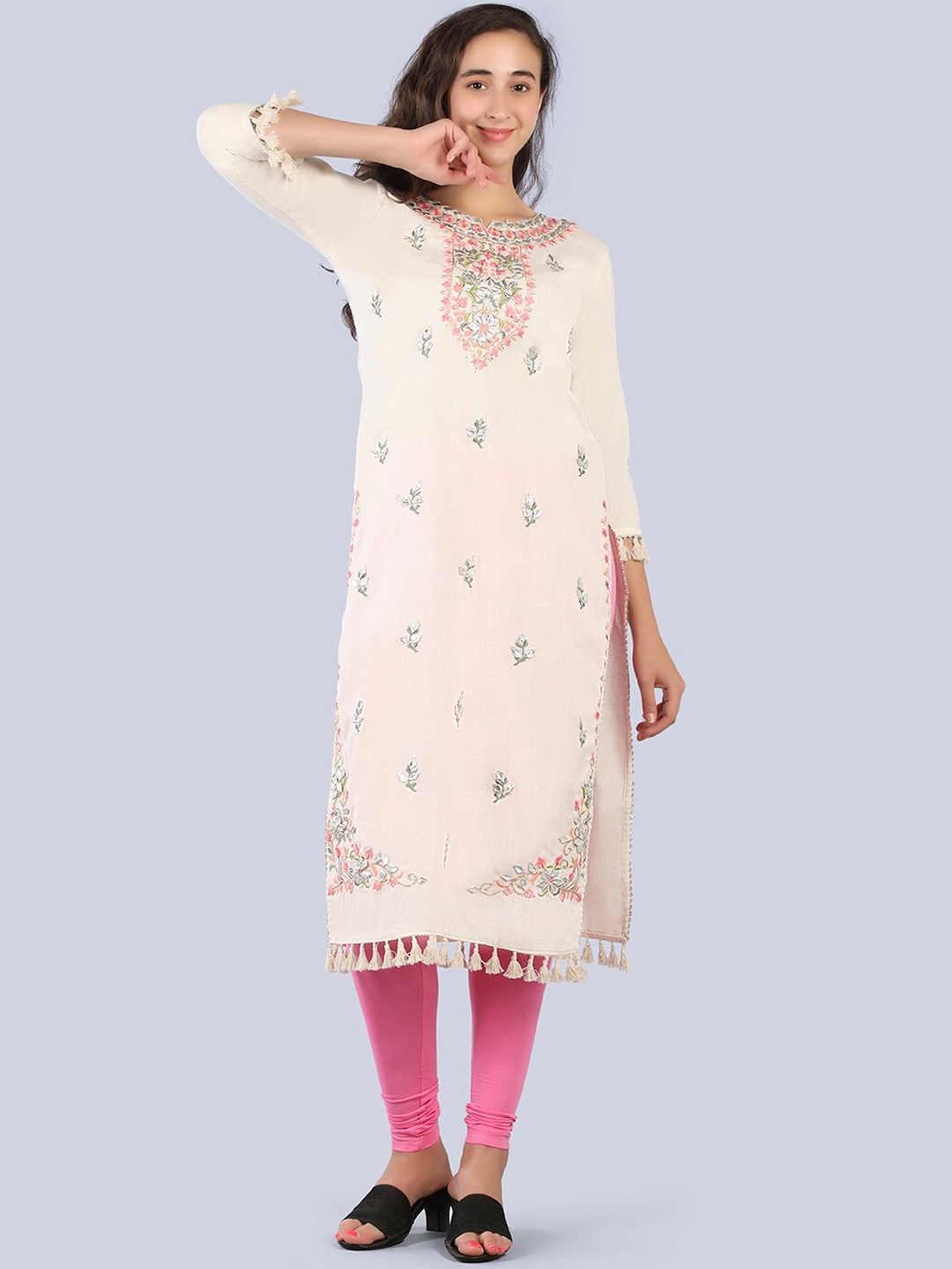 Pakiza Women Cream-Coloured & petal pink Embroidered Flared Sleeves Thread Work Kurta
Pakiza Women Cream-Coloured & petal pink Embroidered Flared Sleeves Thread Work Kurta