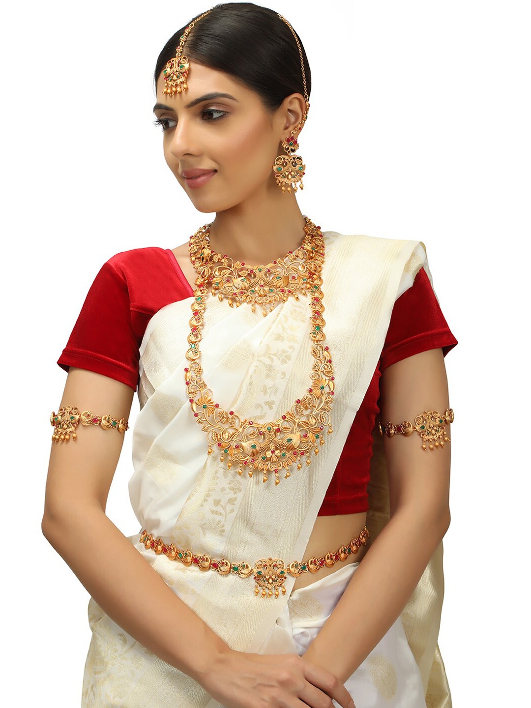 AccessHer Gold-Plated Pink & Green Stone-Studded & Beaded Bridal Jewellery Set