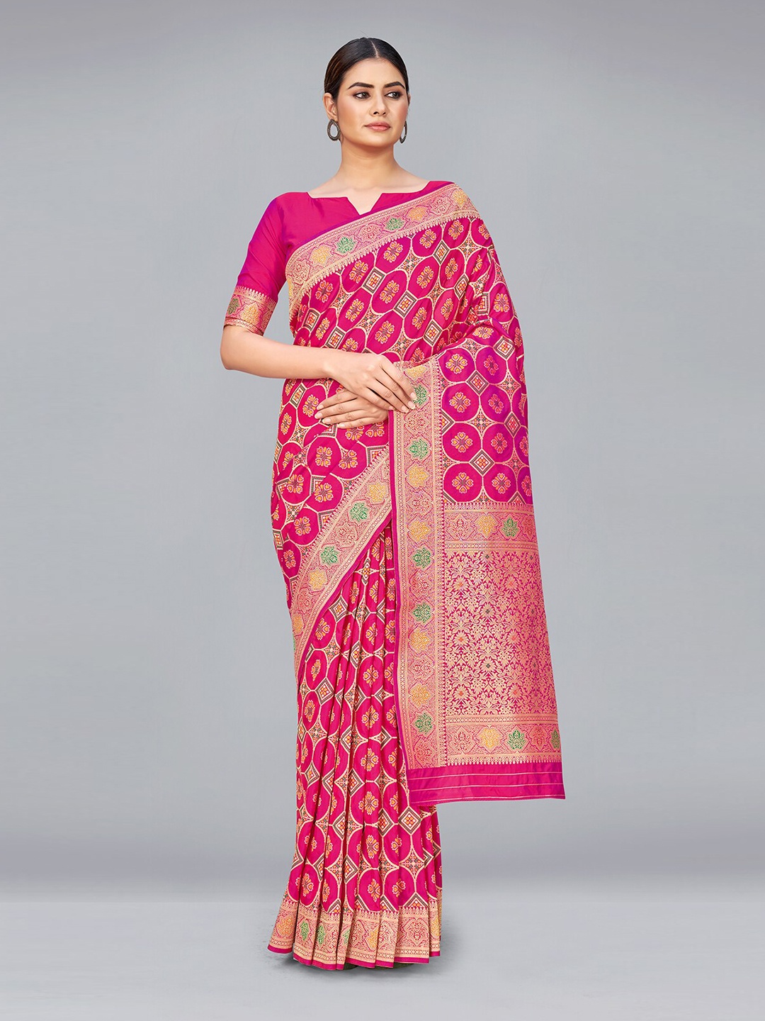 MONJOLIKA FASHION Pink & Gold-Toned Woven Design Zari Silk Blend Banarasi Saree
MONJOLIKA FASHION Pink & Gold-Toned Woven Design Zari Silk Blend Banarasi Saree