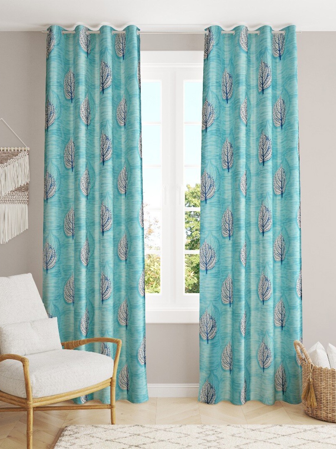 MULTITEX Blue & White Set of 2 Floral Door Curtain