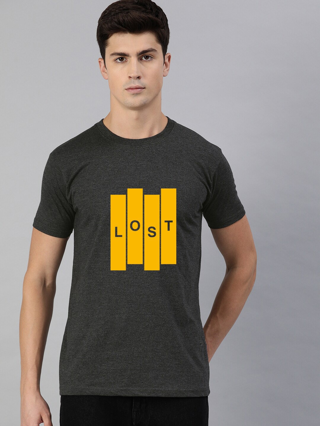 UNSULLY Men Charcoal Typography Printed Applique T-shirt