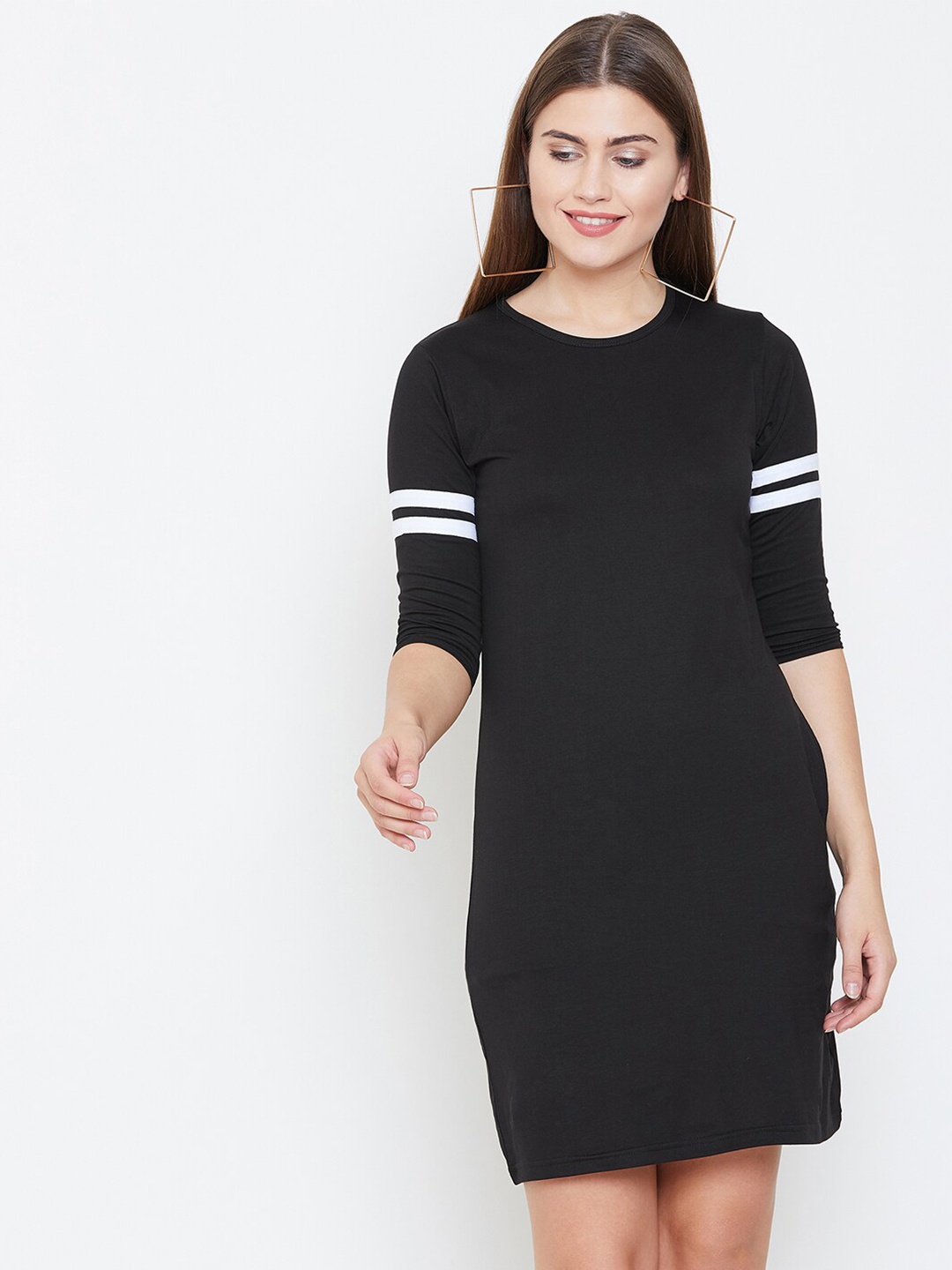 JHANKHI Black Round Neck Striped T-shirt Dress