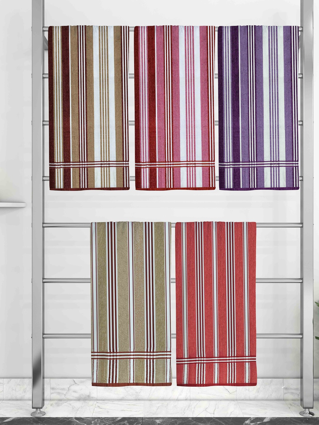 Athom Trendz Set Of 5 Striped 210GSM Cotton Bath Towels, White
