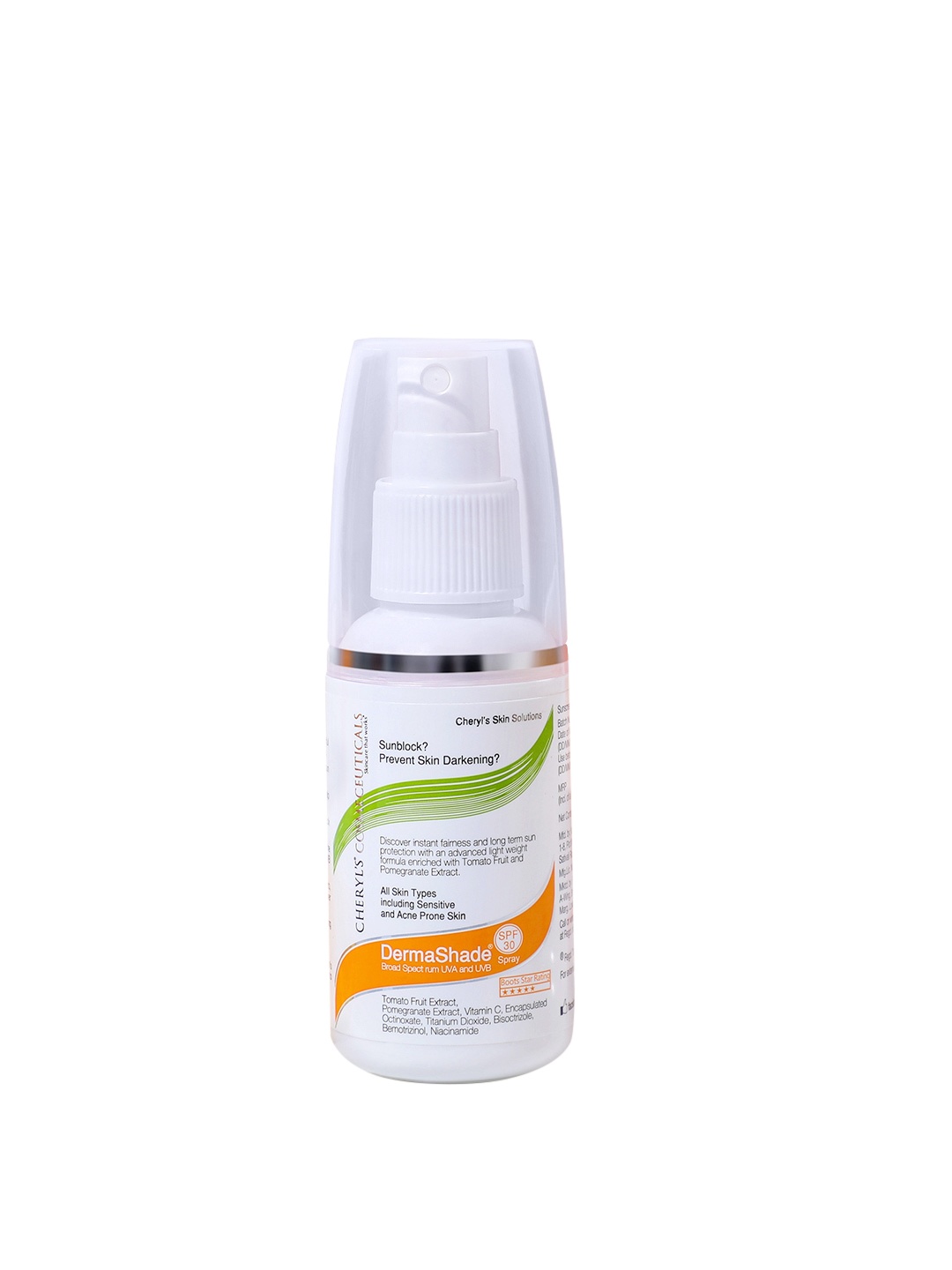 Cheryls Cosmeceuticals DermaShade SPF 30 Sunblock Spray for Sensitive Skin - 50 ml, White
Cheryls Cosmeceuticals DermaShade SPF 30 Sunblock Spray for Sensitive Skin - 50 ml, White