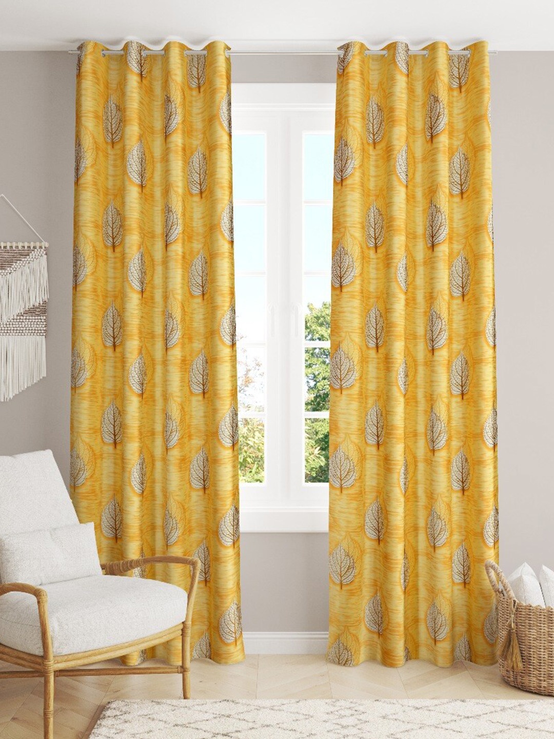 MULTITEX Yellow & White Set of 2 Floral Long Door Curtain