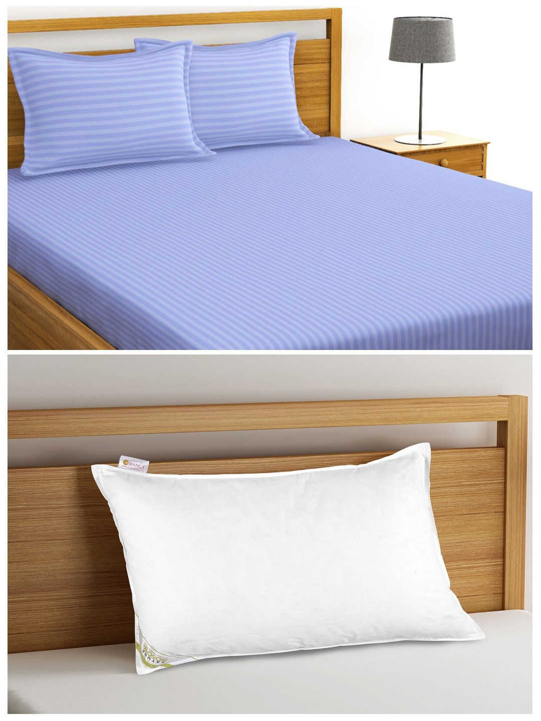 BIANCA Orthopedic Pillow and 210 TC Striped King-Size Double Bedsheet with 2 Pillow Covers, Blue