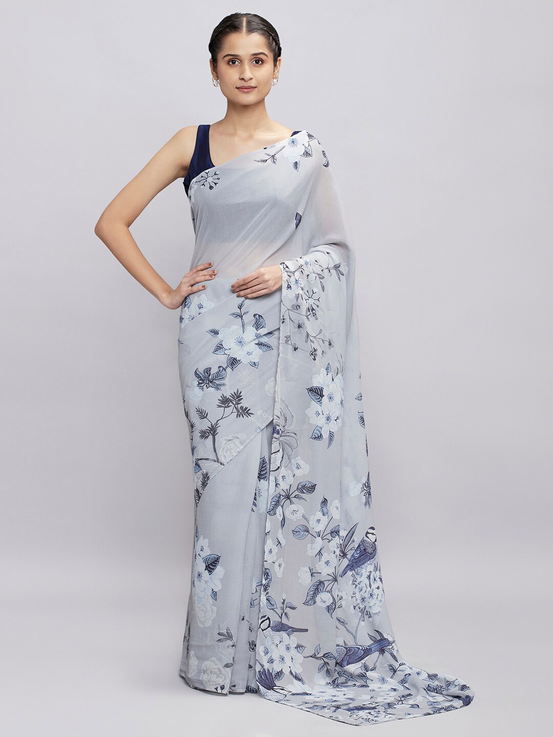 navyasa Grey & Off White Floral Saree