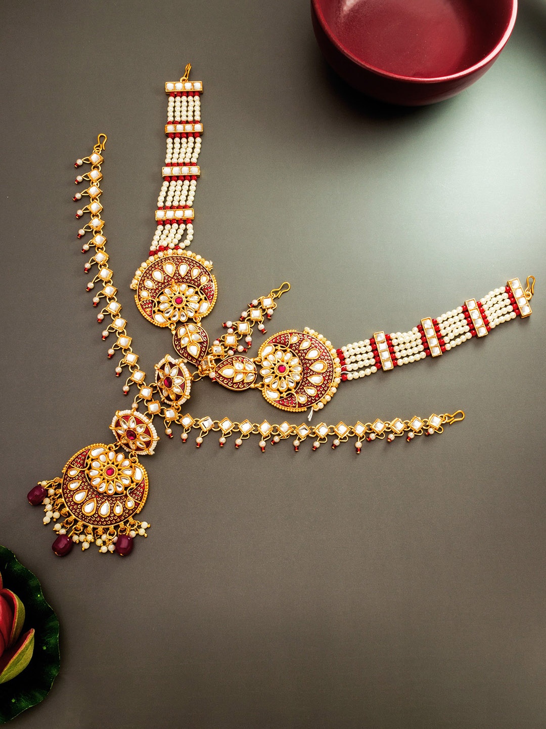 aadita Gold-Plated Kundan-Studded & Pearl Beaded Layered Head Jewellery
