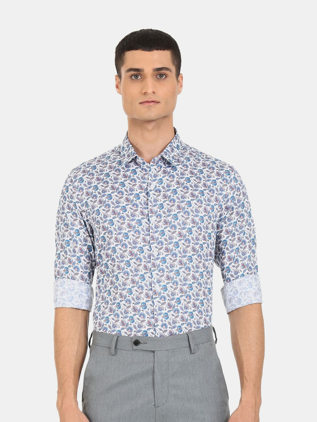 Excalibur Men White Slim Fit Floral Printed Casual Shirt